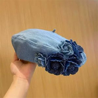 日系小眾撞色立體花朵牛仔貝雷帽子女潮時髦顯臉小蓬鬆畫家帽新款