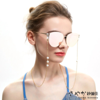 【Sayaka 紗彌佳】眼鏡鍊 防丟 口罩 歐美時尚三顆珍珠款太陽眼鏡鋼鈦金屬鍊防滑鍊