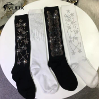 YUDX Shiny Hot Drilling Babysbreath Water Diamond Knee Length Socks 100%cotton Black Hosiery Women Casual Sports Long Stockings