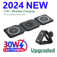 30W 3 in 1 Magnetic Wireless Charger Pad Stand for iPhone 15 14 13 12 Pro Max Airpods iWatch Fast Wireless Charging Dock Station