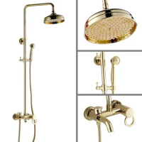 Shower Faucets Gold Brass Bathroom Shower Mixer Tap Faucet Set Rain Shower Head Round Wall Mounted Bathtub Faucet agf401