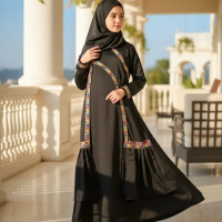 HanaBalQuesKids Gamis Anggi Anak Perempuan Mewah Umur 3-13 Tahun Set Kerudung Baju Muslim Jatblack A
