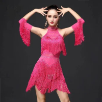 Women's Dance Dress Rhinestone Sequin Fringe Flapper Party Dress Latin Salsa Ballroom Dancing 2 Pieces Outfits