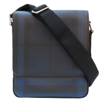 【二手名牌BRAND OFF】BURBERRY 巴寶莉 藍黑色 經典格紋 PVC塗層帆布 Greenford 斜背包