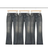 High Street Bamboo Ribbed Jeans Men Women Best Quality Washed Oversize Denim Trouser Military