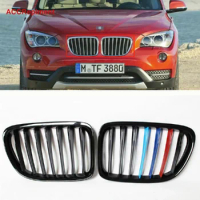 Tricolor For BMW X1 E84 2011-2015 Car Front Bumper Grilles Racing Grill Kidney Dual Line Grills Gloss Black Grille