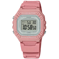 【CASIO 卡西歐】復古方型 計時碼錶 LED照明 鬧鈴 電子 橡膠手錶 珊瑚粉色 42mm(W-218HC-4A)