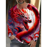 3D Printed T-shirt with Dragon Pattern Dragon Pattern 3D Print Long Sleeves T-shirt Men