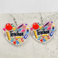 Teacher's Day Apple Pencil Book Blackboard ABC Love Pencil Ruler Printed Pendant Earrings