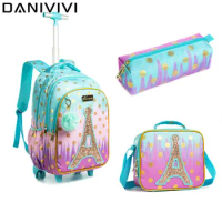 3 IN 1 School Children's Backpack with Wheels Kids Wheeled School Bag Teenagers Girls Canvas Backpack Travel Trolley Bags