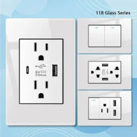 US Wall Switch Power Socket with USB Type-c Quick Charger,American Mexico White Tempered Glass Plug Outlet,Light Switch Panel