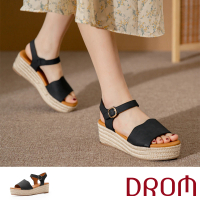 【DROM】坡跟涼鞋 厚底涼鞋/時尚歐美簡約設計草編厚底坡跟涼鞋(黑)