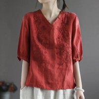 【ACheter】日式宮廷棉麻刺繡V領五分袖寬鬆中長版上衣#112153(白/紅/綠/紫)