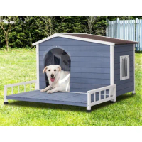 Large Dog House with Terrace &amp; Openable Asphalt Roof,with Elevated Floor, Window &amp; Door Flap, Outdoor Dog House for Large Dogs