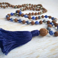 108 Mala Beads Pyrite Rudraksha Mala Necklace Buddhist Jewelry Knotted Necklace Bodhi Beads Tassel Necklaces Yoga Prayer