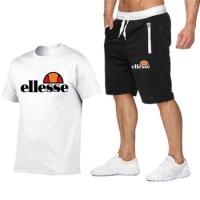 Ellesse-Camiseta de manga corta y pantalones cortos para hombre, conjunto dos piezas algodón, estampado marca, tendencia informa