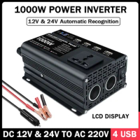 DC 12V And 24V To AC 220V 1000W Peak Car Power Inverter With Universal Socket 4 USB LCD Display Converter Dual Voltage Inverter