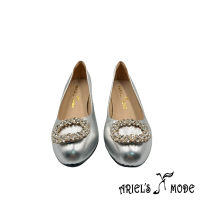 Ariels mode-名媛輕奢橢圓造型鑽釦羊皮低跟鞋-銀色