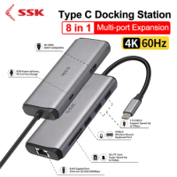 SSK 8-in-1 USB C HUB 4K60Hz Type C to HDMI RJ45 Ethernet PD100W for MacBook Pro iPad Huawei Sumsang PC Tablet Phone USB 3.0 HUB