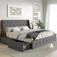 King Size Platform Bed Frame With 4 Storage Drawers and Wingback Headboard Diamond Stitched Button Tufted Design Light Grey Home