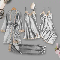 Silk-like Pajama Set Lightweight Sleepwear Set Elegant Satin Lace Pajama Set with Lace-up Waist 5 for Women for Comfortable