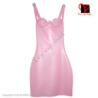 Metallic Pink Halter Sexy Latex Dress with Zipper and Bra Rubber Dress Pencil mini Top Playsuit bodycon size XXXL QZ-090