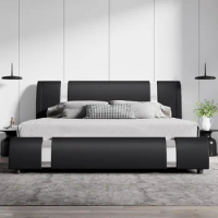 King Size Bed Frame with Iron Pieces Decor and Adjustable Headboard/Deluxe Upholstered Modern Platform Bed with Solid Wooden
