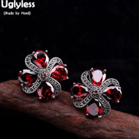 Uglyless Garnet Clover Stud Earrings for Women Thai Silver Ethnic Floral Studs Real 925 Silver Marcasite Brincos Bijoux E1451