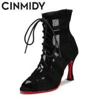 CINMIDY Lace Up Dance Shoes Women's Red Sole Latin Dance Shoes Black Ballroom Dance High Heels Tango Modern Jazz Dance Boots