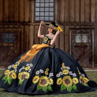 Mexican Embroidered Sunflower Black Quinceanera Dress Bow Ball Gown Off Shoulder Charro Sweet 16 Dresses