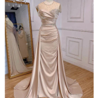 Luxury Mermaid Elegant Satin Beaded Evening Dress Floor-Length O-Neck Gowns Formal Party Gowns