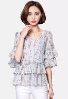 Trendyshop 雪紡印花荷葉邊中袖上衣(送吊帶內襯)