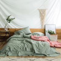 4 Pieces Linen Cotton Mixed Bed Sheets Solid Green Gray Beige Duvet Cover Set Full Size Bed Clothes Double Bedlinen Queen Shams