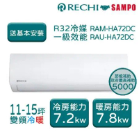 【聲寶瑞智RECHI】 HA系列 11-15坪 一級變頻冷暖分離式冷氣 RAM-HA72DC/RAU-HA72DC
