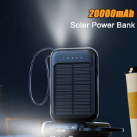 Solar Power Bank 20000mAh Built in 4 Cable Portable Charger Mini Powerbank External Battery Pack Poverbank for iPhone 14 Xiaomi