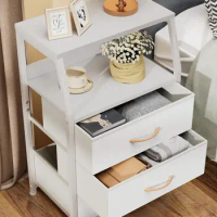 White Nightstand with 3 Drawers and 2-Tier Shelf, Small Night Stand End Table Side Furniture, Fabric Storage Organizer, Wood Top