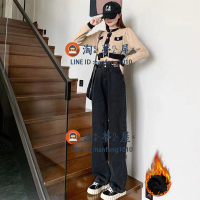煙灰色闊腿牛仔褲加絨加厚高腰垂感直筒寬版拖地女秋冬新款【淘夢屋】