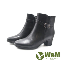 W&amp;M(女)造型鑽飾皮釦拉鍊短靴 女鞋-黑色