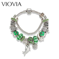 VIOVIA Trollbeads Fine Beads Silver Color Dolphin Green Crystal Charm Bracelets Sale for Women Original DIY Jewelry Gifts B16060