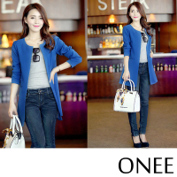 【Onee】西裝大衣 修身外套/韓版修身簡約一字假口袋造型西裝大衣 外套(藍)