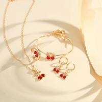 Set Anak Kalung Kristal Ceri Berlapis Emas Gelang Lonceng Cincin Anting Anti Luntur Aksesoris Fashio