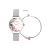 【Olivia Burton】Watercolour Floral-水彩花卉面鋼殼灰紫丁色真皮錶帶+3D蜜蜂手鏈(OBGSET45)