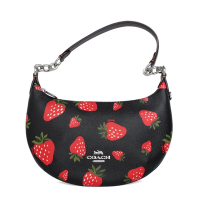 COACH黑底滿版草莓圖印小款肩背半月包