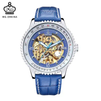 MG. ORKINA Watches Men Big Dial Geared Case Blue Leather Belt Male Automatic Wristwatch Golden Skeleton erkek saatleri