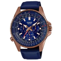 【CASIO 卡西歐】繁星點點三眼三針奇幻皮帶腕錶－尊爵藍(MTP-SW320RL-2A)