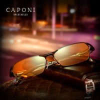 CAPONI 100% Pure Titanium Sunglasses For Men Night Vision UV Protection Eyewear Square Photochromic Driving Sun Glasses BSYS1190