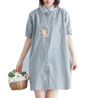 【ACheter】療癒系貓咪繡花棉麻格紋洋裝襯衫#106390(綠色)