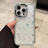 Khung trang trí đá phù hợp cho vỏ điện thoại Apple 17 Pro Max, iPhone 15; viền đá kim cương, sao las