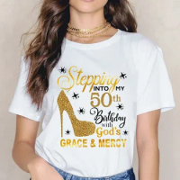 50 &amp; Fabulous 50 Years Old 50th Birthday Diamond Crown Shoes T-Shirt Graphic Tee Tops Woman T Shirts Gift for Mother's Day