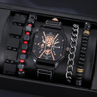 Men's fashionable and minimalist mechanical style square dial belt quartz watch+4 bracelets